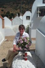 Nancy getting comfortable on a tomb.